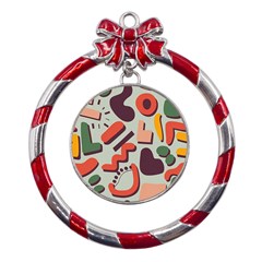 Shapes In Retro Colors On A Green Background Metal Red Ribbon Round Ornament by LalyLauraFLM