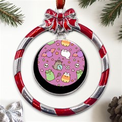 Pusheen Cat Metal Red Ribbon Round Ornament