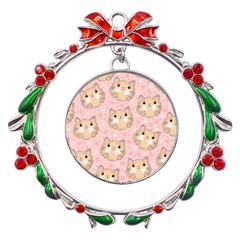 Cat Pattern Pink Cartoon Metal X mas Wreath Ribbon Ornament by Pakjumat