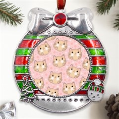 Cat Pattern Pink Cartoon Metal X mas Ribbon With Red Crystal Round Ornament by Pakjumat