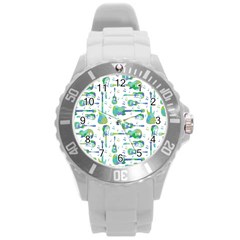 Guitars Music Notes Seamless Pattern Round Plastic Sport Watch (l) by Pakjumat