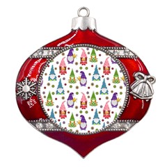 Gnomes Seamless Fantasy Pattern Metal Snowflake And Bell Red Ornament by Pakjumat