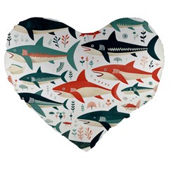 Fish Shark Animal Pattern Large 19  Premium Flano Heart Shape Cushions by Pakjumat