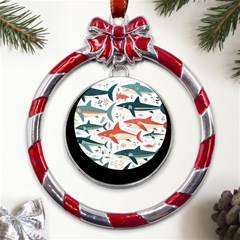 Fish Shark Animal Pattern Metal Red Ribbon Round Ornament by Pakjumat