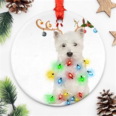 West Highland White Terrier Dog Snow T- Shirt West Highland White Terrier Dog Snow Reindeer Santa Ha Ornament (round) by ZUXUMI