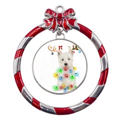 West Highland White Terrier Dog Snow T- Shirt West Highland White Terrier Dog Snow Reindeer Santa Ha Metal Red Ribbon Round Ornament by ZUXUMI