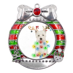 West Highland White Terrier Dog Snow T- Shirt West Highland White Terrier Dog Snow Reindeer Santa Ha Metal X mas Ribbon With Red Crystal Round Ornament by ZUXUMI