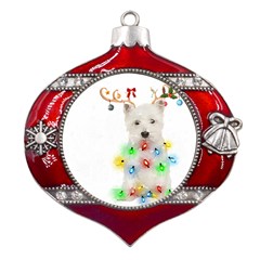 West Highland White Terrier Dog Snow T- Shirt West Highland White Terrier Dog Snow Reindeer Santa Ha Metal Snowflake And Bell Red Ornament by ZUXUMI