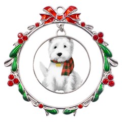 West Highland White Terrier T- Shirt Cute West Highland White Terrier Drawing T- Shirt Metal X mas Wreath Ribbon Ornament by ZUXUMI