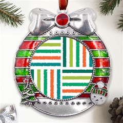 Striped Colorful Pattern Graphic Metal X Mas Ribbon With Red Crystal Round Ornament