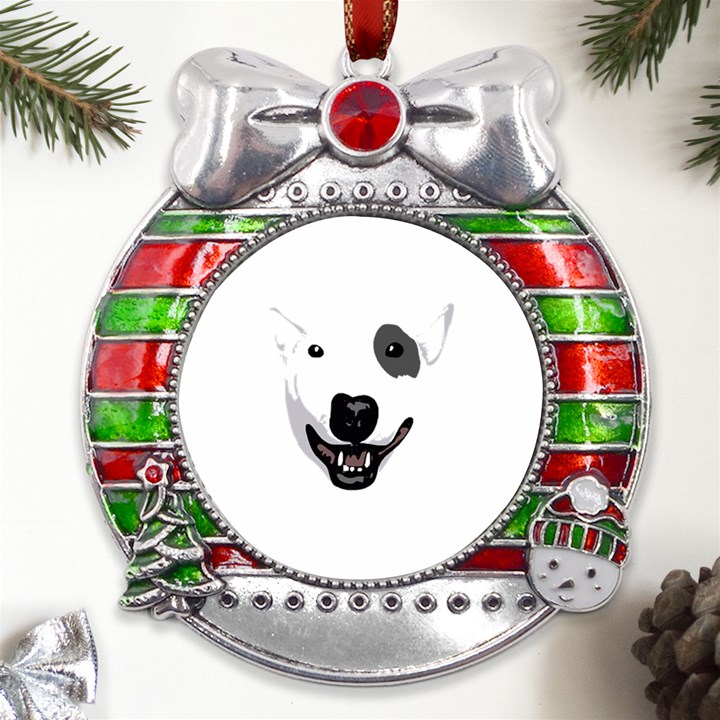 Bull Terrier T- Shirt White Look Calm Bull Terrier 23 T- Shirt Metal X Mas Ribbon With Red Crystal Round Ornament