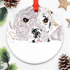 Bulldog T- Shirt Painting Of A Brown And White Bulldog Lying Down With His Tongue Out T- Shirt Round Ornament (two Sides) by EnriqueJohnson