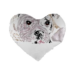 Bulldog T- Shirt Painting Of A Brown And White Bulldog Lying Down With His Tongue Out T- Shirt Standard 16  Premium Flano Heart Shape Cushions by EnriqueJohnson