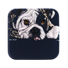 Bulldog T- Shirt Painting Of A Brown And White Bulldog Lying Down With His Tongue Out T- Shirt Square Metal Box (black) by EnriqueJohnson