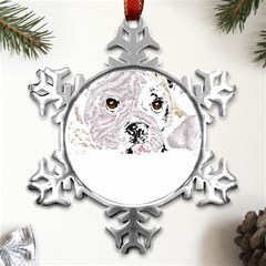 Bulldog T- Shirt Painting Of A Brown And White Bulldog Lying Down With His Tongue Out T- Shirt Metal Small Snowflake Ornament by EnriqueJohnson