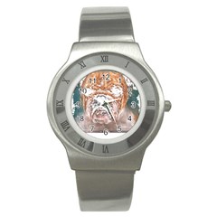 Bulldog T- Shirt Painting Of A Bulldog With Angry Face T- Shirt Stainless Steel Watch by EnriqueJohnson