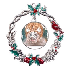 Bulldog T- Shirt Painting Of A Bulldog With Angry Face T- Shirt Metal X mas Wreath Holly Leaf Ornament