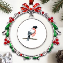 Bullfinch T- Shirt White Look Calm Bullfinch 21 T- Shirt Metal X mas Wreath Ribbon Ornament by EnriqueJohnson