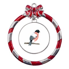 Bullfinch T- Shirt White Look Calm Bullfinch 21 T- Shirt Metal Red Ribbon Round Ornament by EnriqueJohnson