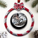 When The World Becomes Too Much Mount T- Shirt When The World Becomes T O O M U C H, Mount A Bike! T Metal Red Ribbon Round Ornament Front