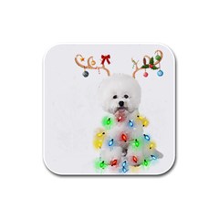 White Bichon Frise Dog Snow Reindeer S T- Shirt White Bichon Frise  Dog Snow Reindeer Santa Hat Chri Rubber Square Coaster (4 Pack) by ZUXUMI