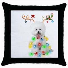 White Bichon Frise Dog Snow Reindeer S T- Shirt White Bichon Frise  Dog Snow Reindeer Santa Hat Chri Throw Pillow Case (black) by ZUXUMI