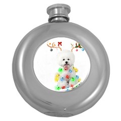 White Bichon Frise Dog Snow Reindeer S T- Shirt White Bichon Frise  Dog Snow Reindeer Santa Hat Chri Round Hip Flask (5 Oz) by ZUXUMI