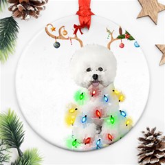 White Bichon Frise Dog Snow Reindeer S T- Shirt White Bichon Frise  Dog Snow Reindeer Santa Hat Chri Round Ornament (two Sides) by ZUXUMI