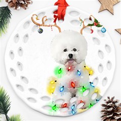 White Bichon Frise Dog Snow Reindeer S T- Shirt White Bichon Frise  Dog Snow Reindeer Santa Hat Chri Round Filigree Ornament (two Sides) by ZUXUMI