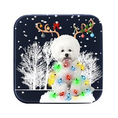 White Bichon Frise Dog Snow Reindeer S T- Shirt White Bichon Frise  Dog Snow Reindeer Santa Hat Chri Square Metal Box (black) by ZUXUMI