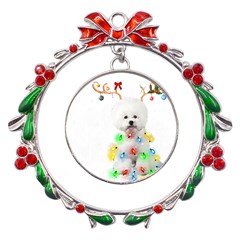 White Bichon Frise Dog Snow Reindeer S T- Shirt White Bichon Frise  Dog Snow Reindeer Santa Hat Chri Metal X mas Wreath Ribbon Ornament by ZUXUMI