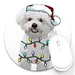 White Bichon Frise Dog T- Shirt White Bichon Frise Dog Santa Christmas Tree Lights Xmas T- Shirt Round Mousepad Front