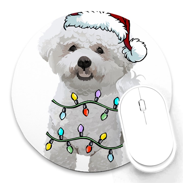 White Bichon Frise Dog T- Shirt White Bichon Frise Dog Santa Christmas Tree Lights Xmas T- Shirt Round Mousepad