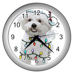 White Bichon Frise Dog T- Shirt White Bichon Frise Dog Santa Christmas Tree Lights Xmas T- Shirt Wall Clock (silver) by ZUXUMI