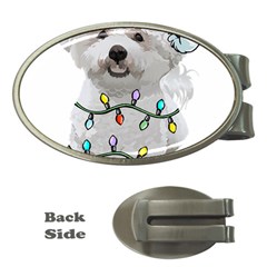 White Bichon Frise Dog T- Shirt White Bichon Frise Dog Santa Christmas Tree Lights Xmas T- Shirt Money Clips (oval)  by ZUXUMI