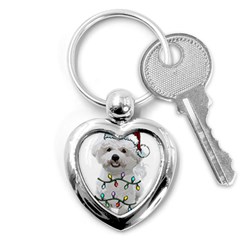 White Bichon Frise Dog T- Shirt White Bichon Frise Dog Santa Christmas Tree Lights Xmas T- Shirt Key Chain (Heart)