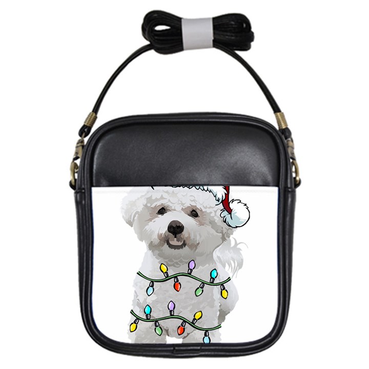 White Bichon Frise Dog T- Shirt White Bichon Frise Dog Santa Christmas Tree Lights Xmas T- Shirt Girls Sling Bag