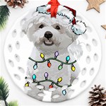 White Bichon Frise Dog T- Shirt White Bichon Frise Dog Santa Christmas Tree Lights Xmas T- Shirt Round Filigree Ornament (Two Sides) Front