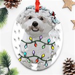 White Bichon Frise Dog T- Shirt White Bichon Frise Dog Santa Christmas Tree Lights Xmas T- Shirt Oval Filigree Ornament (Two Sides) Front