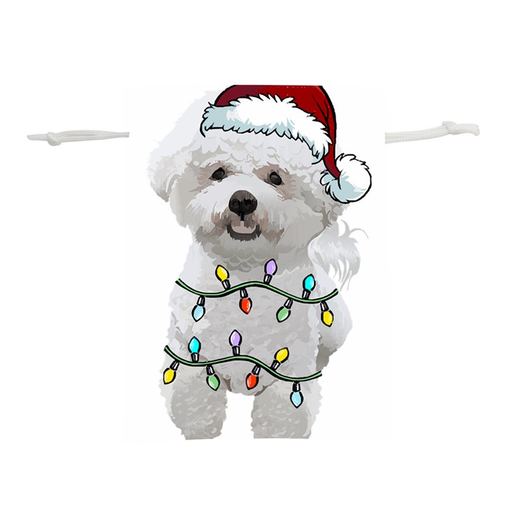 White Bichon Frise Dog T- Shirt White Bichon Frise Dog Santa Christmas Tree Lights Xmas T- Shirt Lightweight Drawstring Pouch (S)