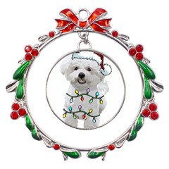 White Bichon Frise Dog T- Shirt White Bichon Frise Dog Santa Christmas Tree Lights Xmas T- Shirt Metal X mas Wreath Ribbon Ornament by ZUXUMI