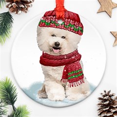 White Bichon Frise Santa Xmas T- Shirt Red Winter Hat Scarf Christmas Cap White Bichon Frise  Santa Ornament (round) by ZUXUMI