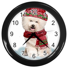 White Bichon Frise Santa Xmas T- Shirt Red Winter Hat Scarf Christmas Cap White Bichon Frise  Santa Wall Clock (black) by ZUXUMI