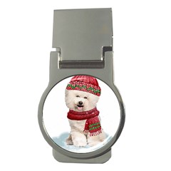 White Bichon Frise Santa Xmas T- Shirt Red Winter Hat Scarf Christmas Cap White Bichon Frise  Santa Money Clips (round)  by ZUXUMI