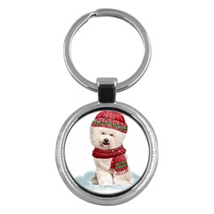 White Bichon Frise Santa Xmas T- Shirt Red Winter Hat Scarf Christmas Cap White Bichon Frise  Santa Key Chain (round) by ZUXUMI