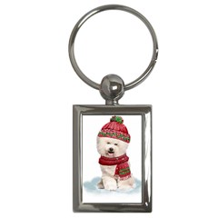 White Bichon Frise Santa Xmas T- Shirt Red Winter Hat Scarf Christmas Cap White Bichon Frise  Santa Key Chain (rectangle) by ZUXUMI