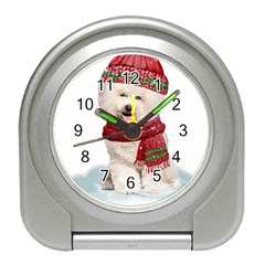 White Bichon Frise Santa Xmas T- Shirt Red Winter Hat Scarf Christmas Cap White Bichon Frise  Santa Travel Alarm Clock by ZUXUMI