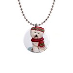 White Bichon Frise Santa Xmas T- Shirt Red Winter Hat Scarf Christmas Cap White Bichon Frise  Santa 1  Button Necklace Front