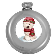 White Bichon Frise Santa Xmas T- Shirt Red Winter Hat Scarf Christmas Cap White Bichon Frise  Santa Round Hip Flask (5 Oz) by ZUXUMI