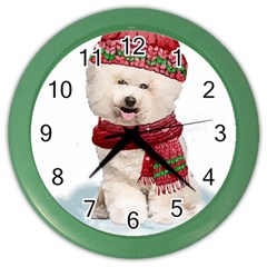 White Bichon Frise Santa Xmas T- Shirt Red Winter Hat Scarf Christmas Cap White Bichon Frise  Santa Color Wall Clock by ZUXUMI